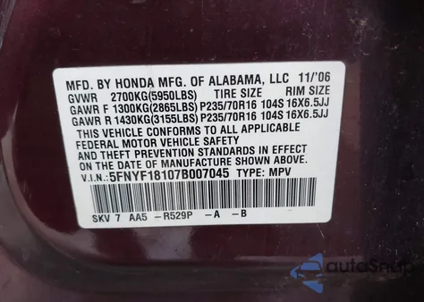 2007 Honda Pilot Lx z USA, uszkodzony, nr VIN 5FNYF18107B007045